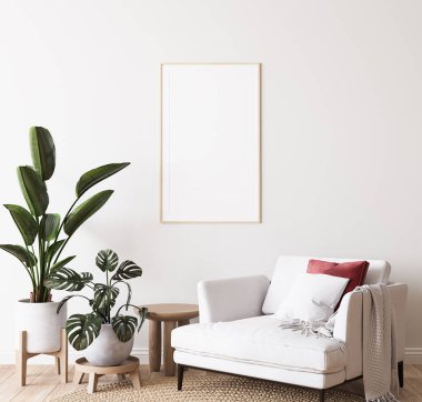 Parlak modern odada poster modeli, beyaz koltuk ve arka planda yeşil bitkiler, 3D görüntüleme
