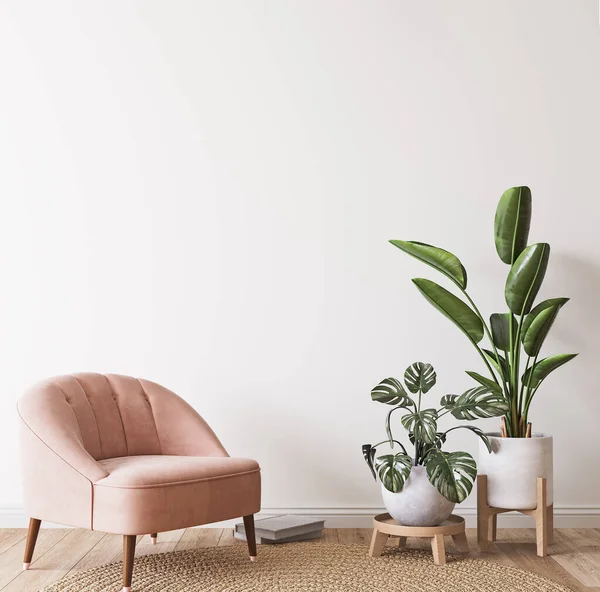 Pink armchair and green plants bright modern room on minimal empty background, wall mockup, 3d render