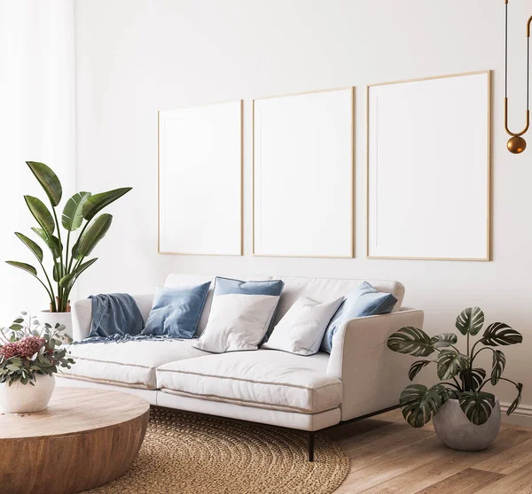 明るい現代的な部屋でポスターモックアップ 最小限の背景に青のクッションと緑の植物と白いソファ 3Dレンダリング — ストック写真