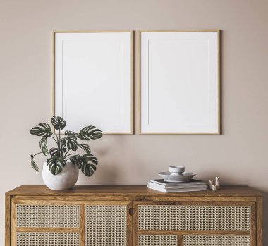 Çerçeveyi Boho bej ev içi arka plan, 3D görüntüleme