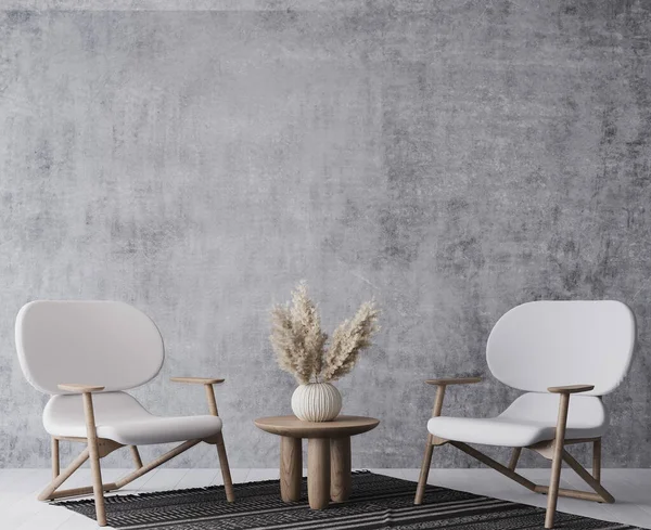 Fauteuils Blancs Avec Table Bois Sur Fond Intérieur Boho Gris — Photo