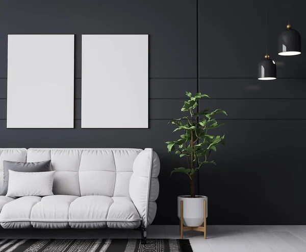 White Sofa Cozy Home Interior Dark Living Room Poster Frame — Stock Photo, Image