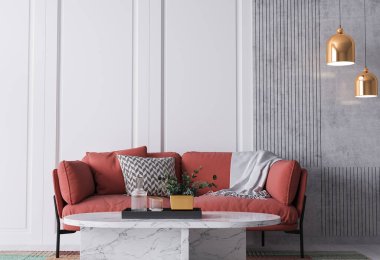 Bright colorful home interior, red sofa on white wall mockup, 3d render