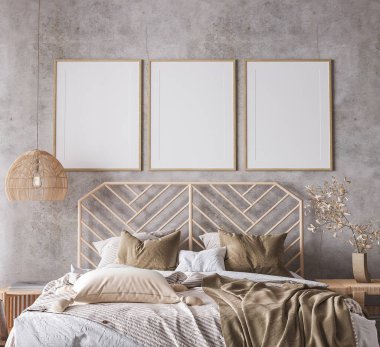 Ahşap yatak odası tasarımı. Çerçeve modeli. Dairenin içinde.