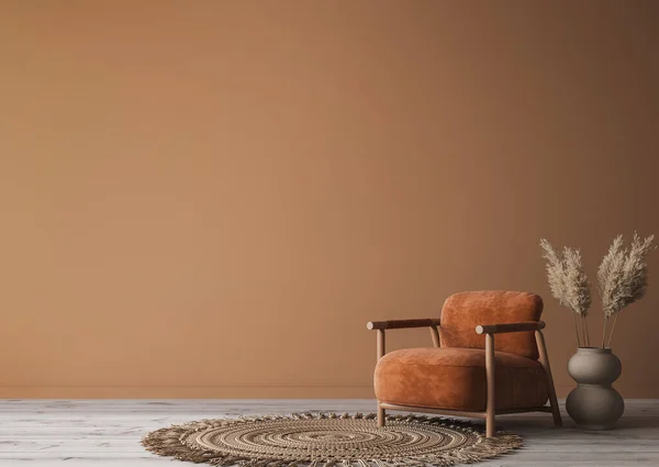 Gemütliches Wohninterieur Mit Holzmöbeln Auf Braunem Hintergrund Leere Wandattrappe Boho — Stockfoto