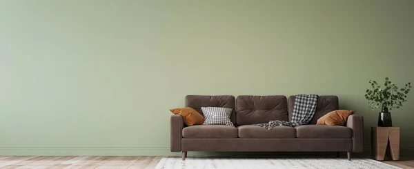 Proste Minimalne Nowoczesne Wnętrze Stylu Brązowa Sofa Zielonym Tle Ściany — Zdjęcie stockowe