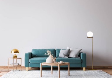 Parlak İskandinav oturma odası tasarımı, doğal ahşap mobilyalı mavi kanepe, 3 boyutlu