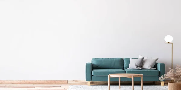 Scandinavian bright living room design, blue sofa with natural wooden furniture, 3d render