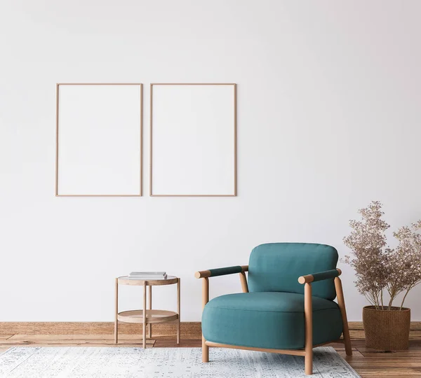 Skandinávský Světlý Obývací Pokoj Design Modré Křeslo Přírodním Dřevěným Nábytkem — Stock fotografie