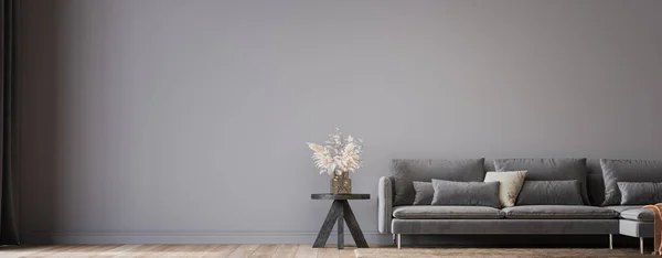 Cozy gray living room in Scandinavian boho design, 3d render