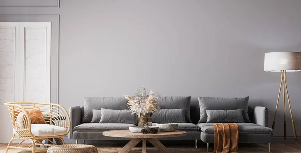 Cozy gray living room in Scandinavian boho design, 3d render