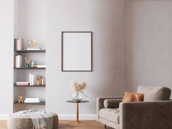 Modernes Helles Wohnzimmer Braunes Sofa Geschwungener Wand Putz — Stockfoto