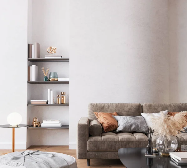 Modernes Helles Wohnzimmer Braunes Sofa Geschwungener Wand Putz — Stockfoto