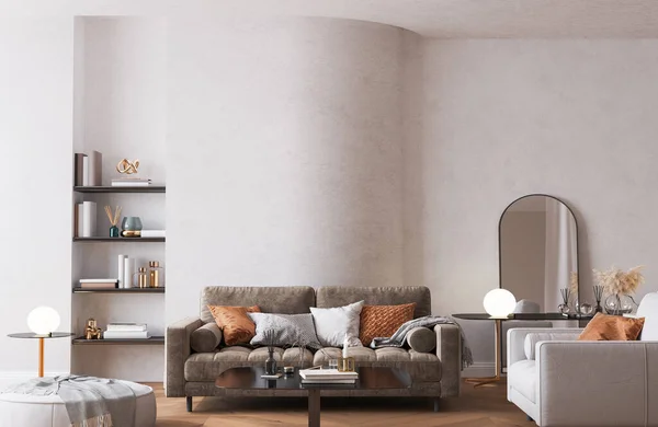 Modernes Helles Wohnzimmer Braunes Sofa Geschwungener Wand Putz — Stockfoto