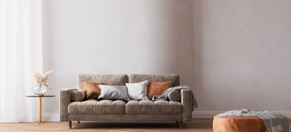 Nowoczesny Jasny Salon Brązowa Sofa Zakrzywionej Ścianie Renderowania — Zdjęcie stockowe