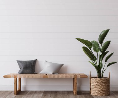 Beyaz duvar modeli, beyaz sahil ev tasarımı, 3 boyutlu.