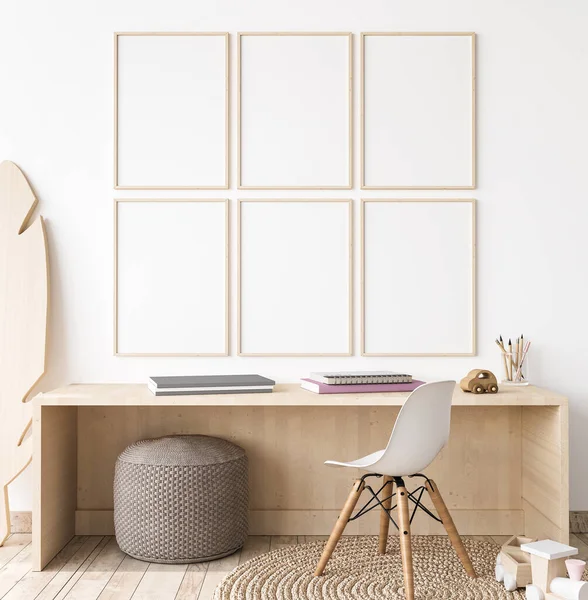 Picture Frame Mock Nursery Interior Wooden Desk White Wall Background — Stockfoto