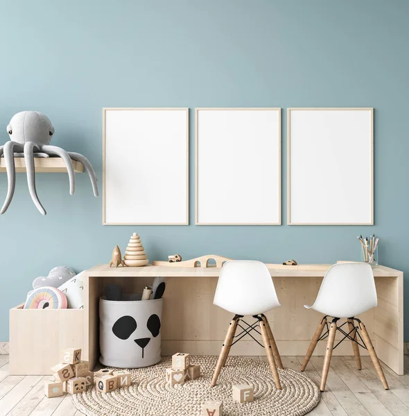 Picture Frame Mock Nursery Interior Wooden Desk Blue Wall Background — 图库照片