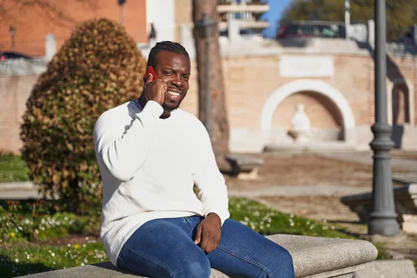 Pria kulit hitam yang bahagia berbicara di telepon pintar duduk di taman di hari yang cerah. — Stok Foto