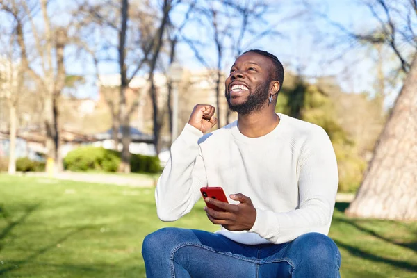 Um afro-americano que celebra boas notícias ao olhar para o telemóvel. Conceito de felicidade — Fotografia de Stock