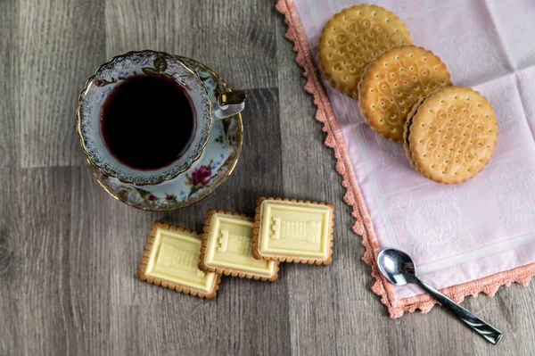 Combination Food Tea Biscuits Wooden Table — Stock Photo, Image