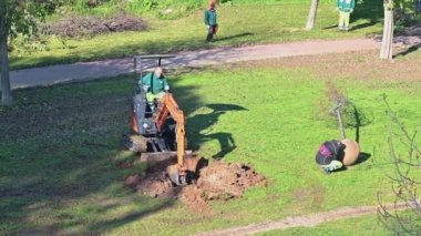 Terni, İtalya Kasım 19 2020, kazıcı ile birlikte bir ağaç dikmek için parkta çalışıyorsunuz.