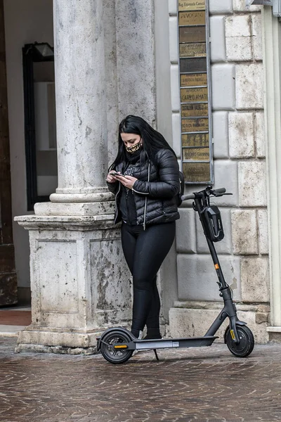 Terni Italy Jenuary 2021 Girl Looking Cell Phone Scooter Next — Stock Photo, Image