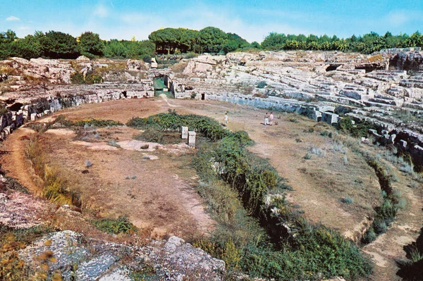 Siracusa Włochy Czerwiec 1970 Panorama Syrakuz Rzymskiego Amfiteatru Latach — Zdjęcie stockowe