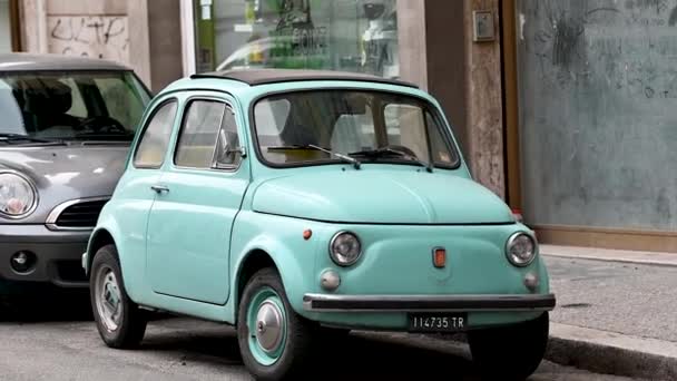 Fiat 500 light blue historic small size car — стокове відео