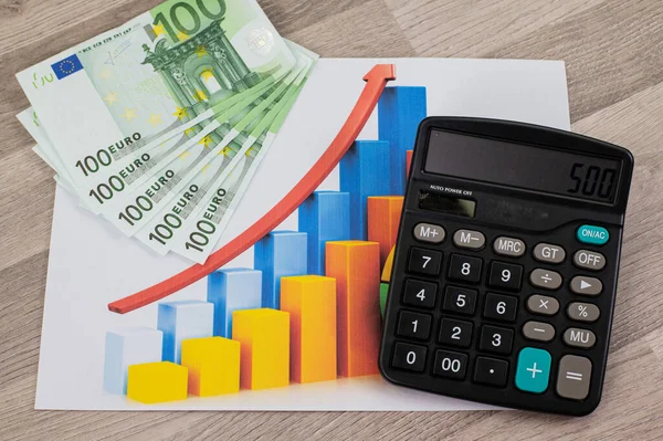 100 Banknotów Euro Statystyce Kalkulatorze Zbliżenie Drewnianym Stole — Zdjęcie stockowe