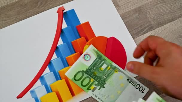 100-Euro-Scheine mit statistischen Diagrammen — Stockvideo