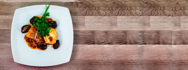 Banner di cibo piatto di baccala in agro dolce — Foto Stock