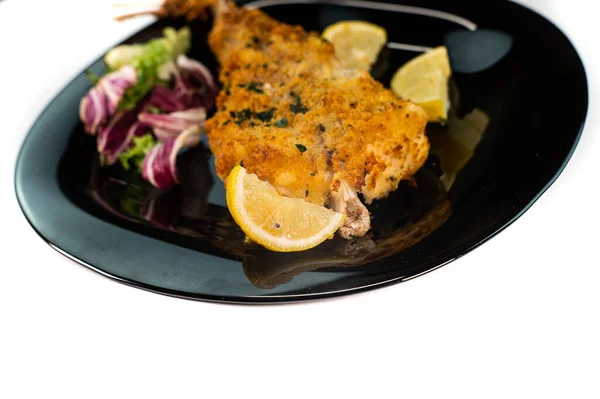 Black Plate Breaded Monkfish White Background — Stock Photo, Image