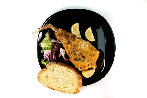 Black Plate Breaded Monkfish White Background — Stock Photo, Image