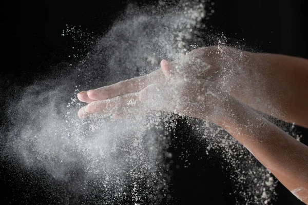 Hands Flour Black Background — Stock Photo, Image