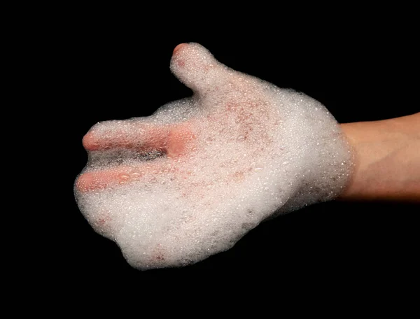 Mãos Espuma Branca Sabão Fundo Preto — Fotografia de Stock