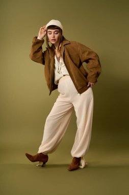 Kendine güveni tam genç bir kadın şık bir pozla kendine has aksesuarlarıyla şık bir poz verir..