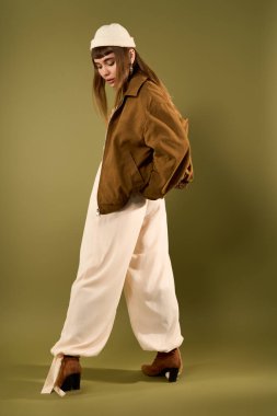 Genç ve güzel bir kadın zarif bir şekilde poz verirken moda tarzını sergiliyor..