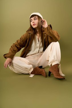 Moda kıyafetli genç bir kadın yumuşak yeşil bir zemine karşı güven yayıyor..