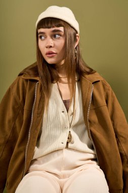 Genç bir kadın modaya uygun moda anlayışını rahat bir kıyafetle sergiliyor ve kendine güvenerek poz veriyor..