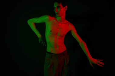 Yakışıklı bir adam stilini canlı renkler ve dramatik ışıklandırmayla eşsiz bir pozla sergiler..