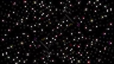 Sürekli hareket halinde dağınık ışık kareleri oluşturan gelecekçi dijital parçacıklar.