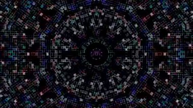 Derin kırmızı ve mavi tonlarda simetrik geometrik desenler içeren soyut kaleydoskop animasyonu geleceksel bir görsel etki yaratır.