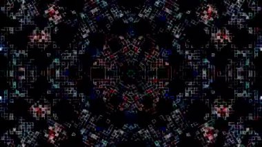 Derin kırmızı ve mavi tonlarda simetrik geometrik desenler içeren soyut kaleydoskop animasyonu geleceksel bir görsel etki yaratır.