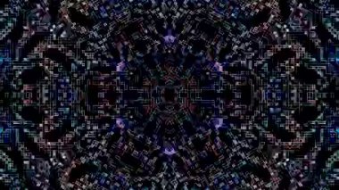 Derin kırmızı ve mavi tonlarda simetrik geometrik desenler içeren soyut kaleydoskop animasyonu geleceksel bir görsel etki yaratır.
