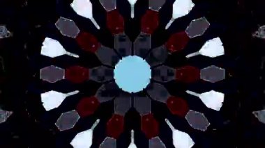 Koyu arkaplanda gelecekçi simetrik bileşimi olan mavi ve kırmızı dijital kaleydoskop deseni.