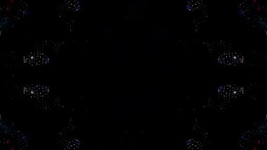 Koyu arkaplanda gelecekçi simetrik bileşimi olan mavi ve kırmızı dijital kaleydoskop deseni.