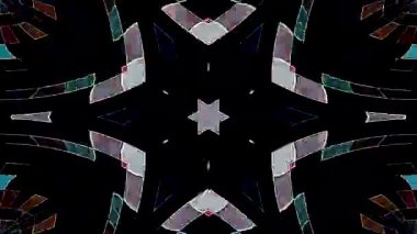 Canlı renk kombinasyonları ve yansıtıcı cam benzeri efektlerle simetrik soyut desen.