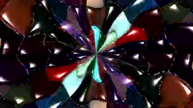 Canlı renk kombinasyonları ve yansıtıcı cam benzeri efektlerle simetrik soyut desen.