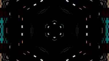Derin kırmızı ve mavi tonlarda simetrik geometrik desenler içeren soyut kaleydoskop animasyonu geleceksel bir görsel etki yaratır.